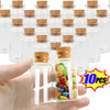 A hand holds a glass vial filled with colorful beads and cork stoppers, surrounded by multiple empty glass vials.