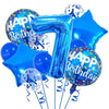 A set of navy and gold foil balloons shaped like the number 7 and a star for a birthday celebration