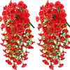 A bundle of artificial red morning glory hanging vines used for floral decoration