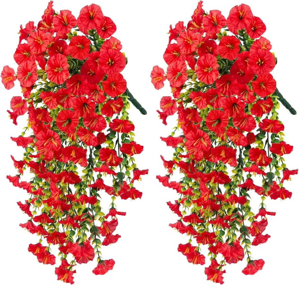 A bundle of artificial red morning glory hanging vines used for floral decoration