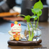 Mini resin desk ornament featuring a lucky cat figurine with a green ivy plant in a glass vase