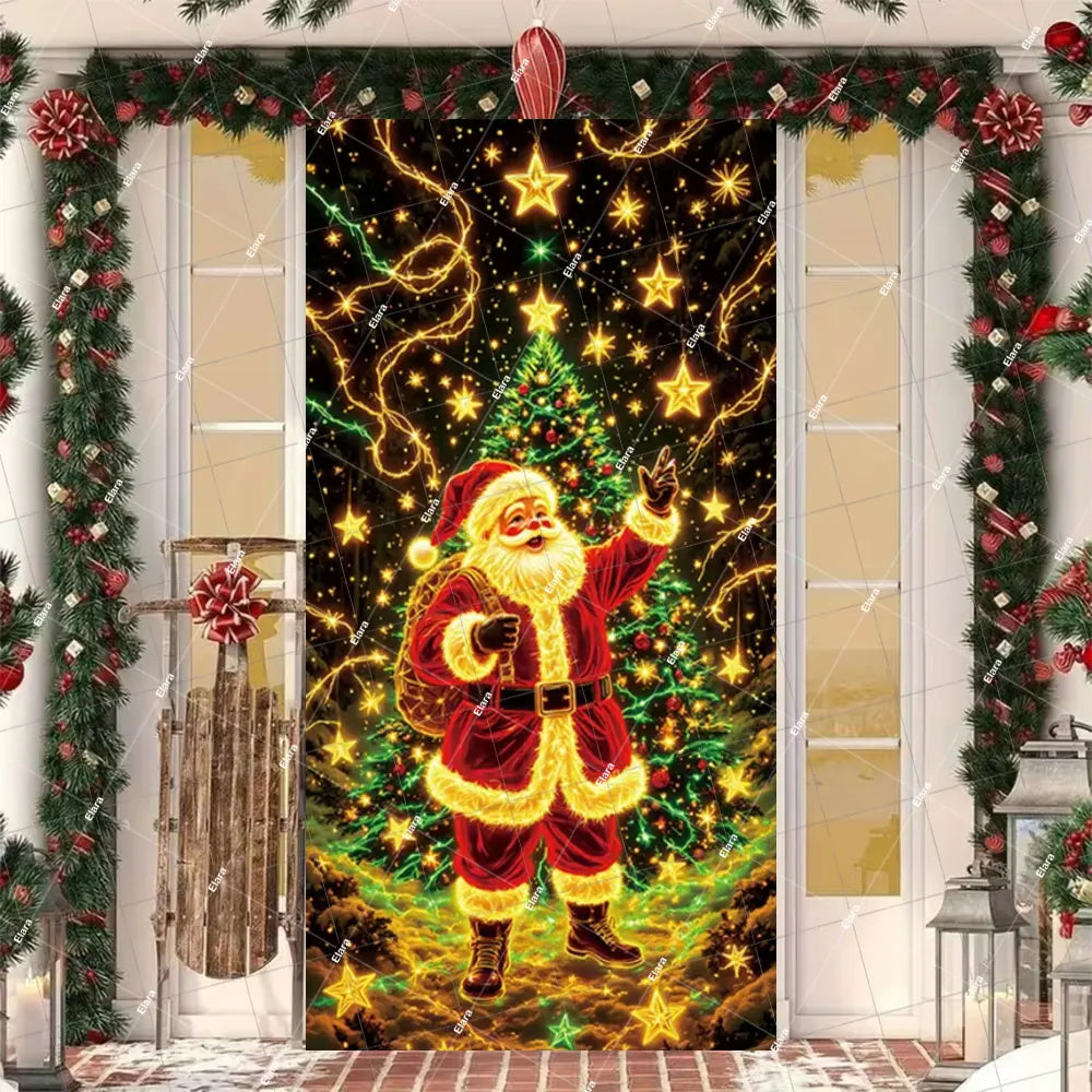 Christmas Santa and Elk Door Cover Banner featuring a festive scene with a Santa figure and Christmas greenery.