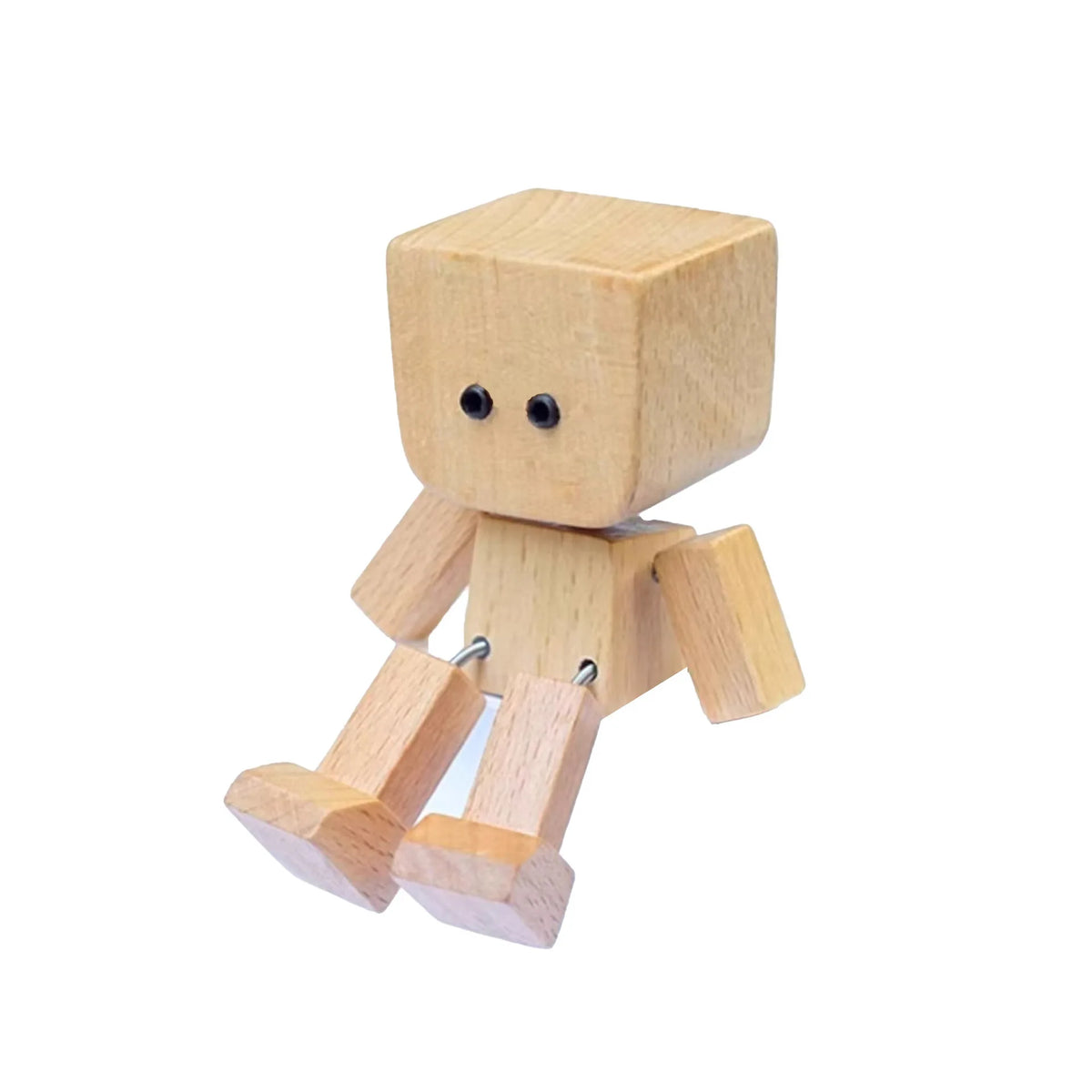 A small wooden figurine of a man with a square head and body, used as a fun car or desk decoration.