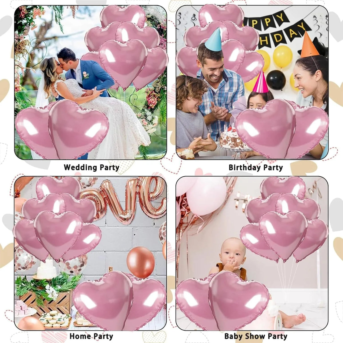Eine Sammlung rosa Herz-Foil-Ballons in verschiedenen Größen und Farben für Hochzeiten, Geburtstage und Babypartys.