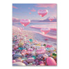 A diamond painting kit featuring pink and purple heart shapes floating above a colorful pebble beach under a sunset sky.