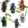 A collection of golden ninja building block figures in various colors and poses.