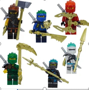 A collection of golden ninja building block figures in various colors and poses.
