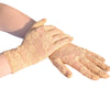 A pair of women's vintage sheer lace gloves in a beige color shown on a hand.