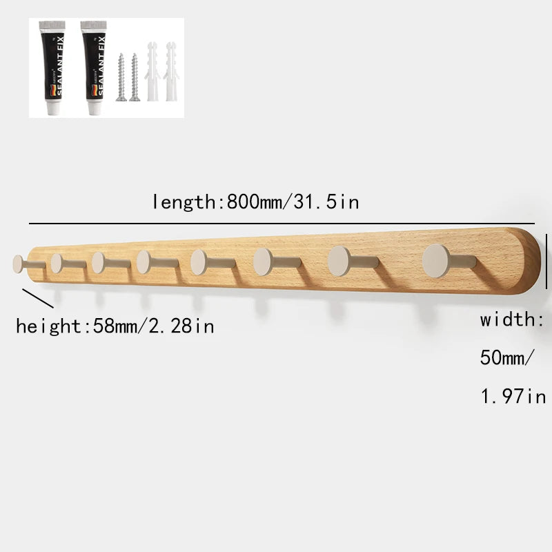 Solid beech wood wall hook rack with four hooks shown in various sizes and dimensions.