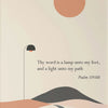 A minimalist illustration featuring a rising sun, a street lamp, and a winding path with text from Psalm 119:105.