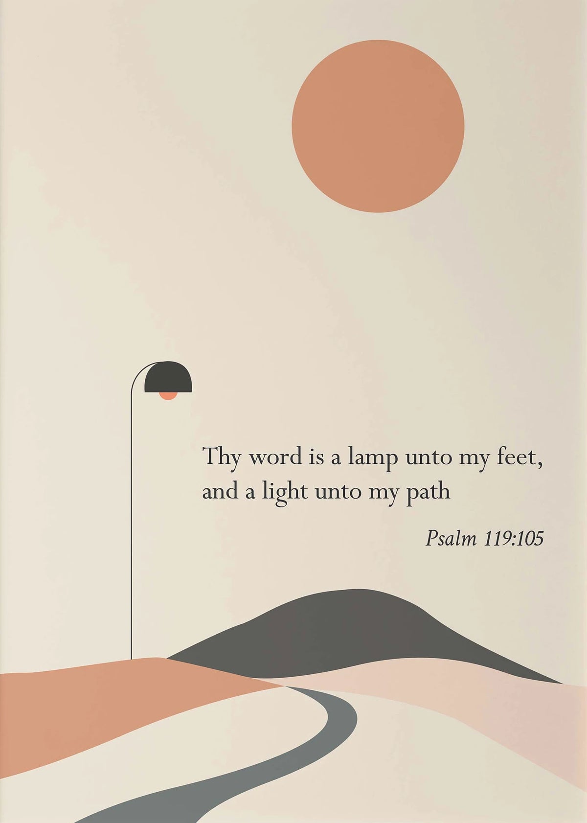 A minimalist illustration featuring a rising sun, a street lamp, and a winding path with text from Psalm 119:105.