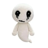 A white plush toy resembling a monster with dripping black eyes and a stitched mouth.
