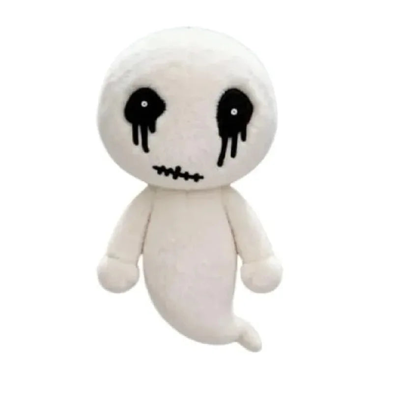 A white plush toy resembling a monster with dripping black eyes and a stitched mouth.