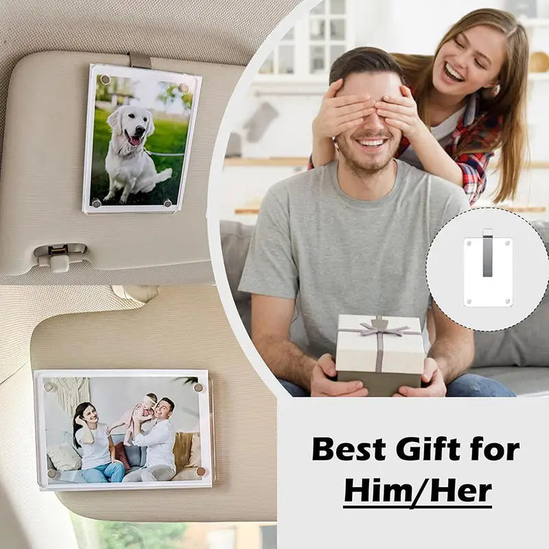 A couple is shown in a photo car visor clip for couples gift idea.