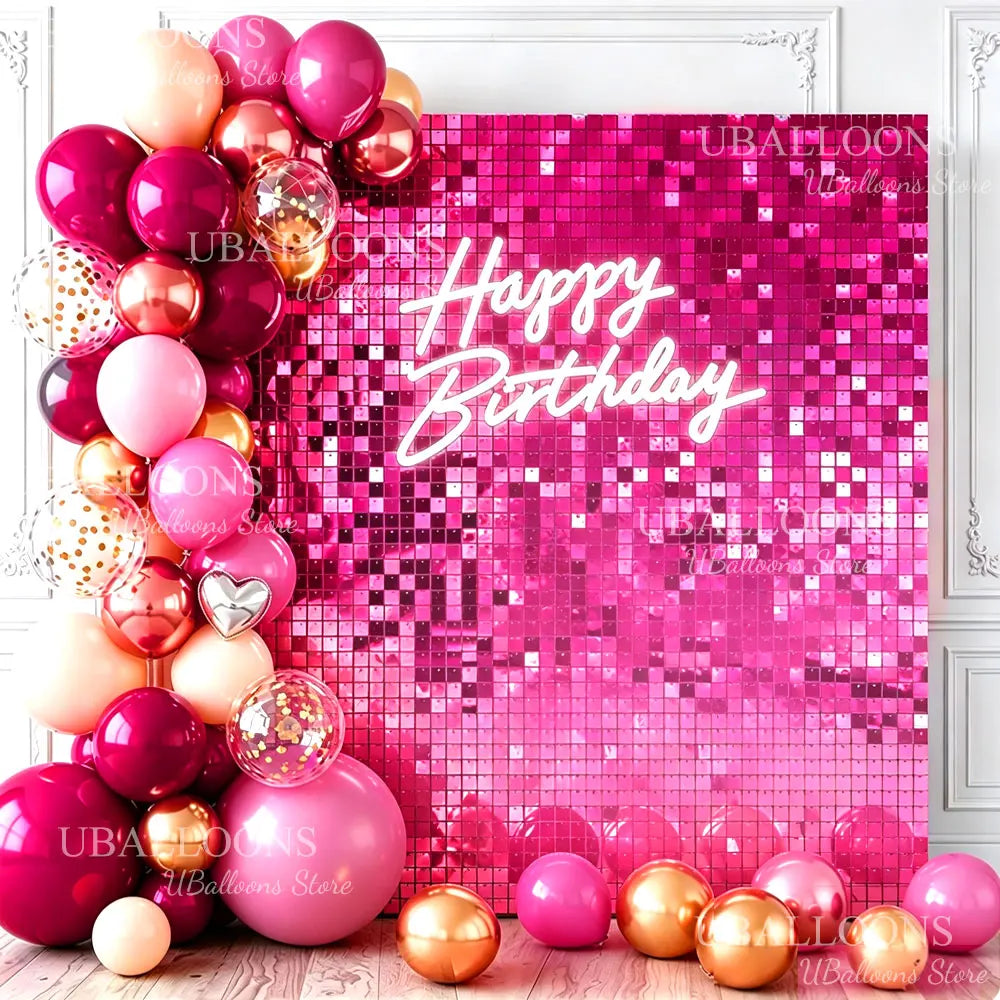 A vibrant pink shimmer sequins wall backdrop featuring various colored balloons and a Happy Birthday message.