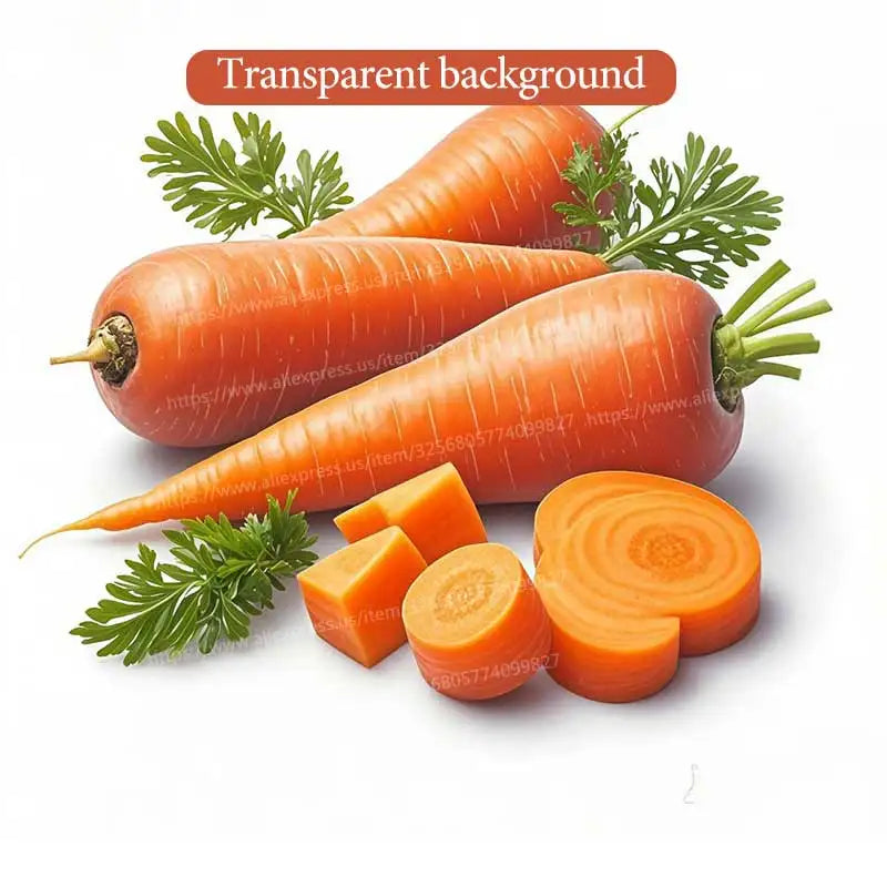 Carrots of various sizes and slices arranged on a white background