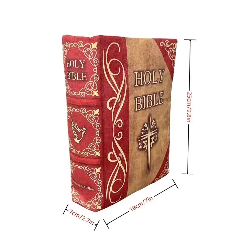 A red and gold hardcover book titled Holy Bible with ornate decorative elements.