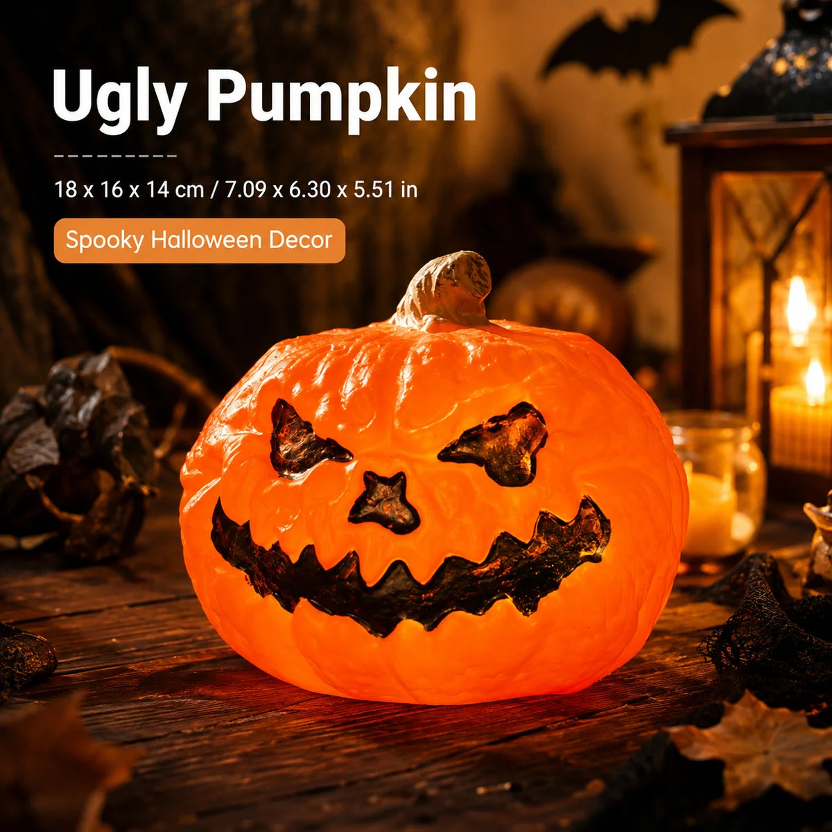 An orange carved pumpkin with a spooky face sits on a wooden surface, used as Halloween decor.