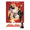Vintage rusty cola metal wall sign featuring a woman in a white top and black leather outfit holding a bottle.