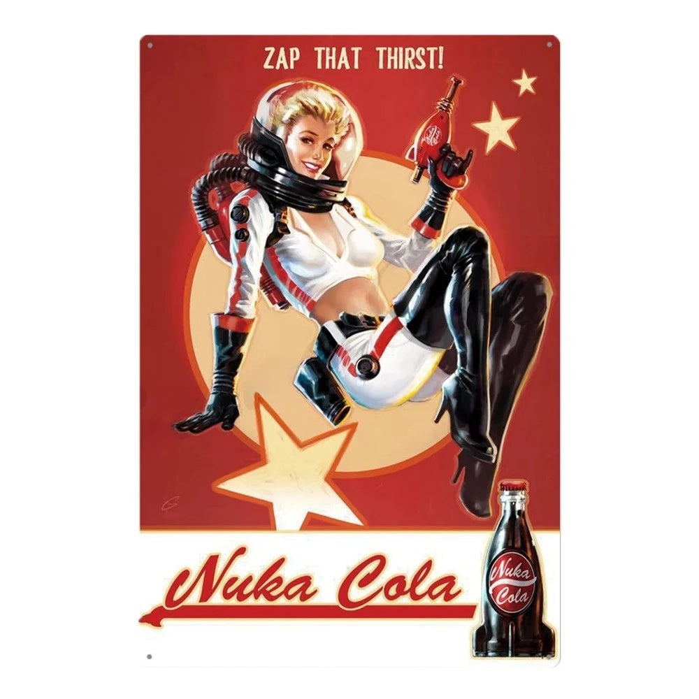Vintage rusty cola metal wall sign featuring a woman in a white top and black leather outfit holding a bottle.