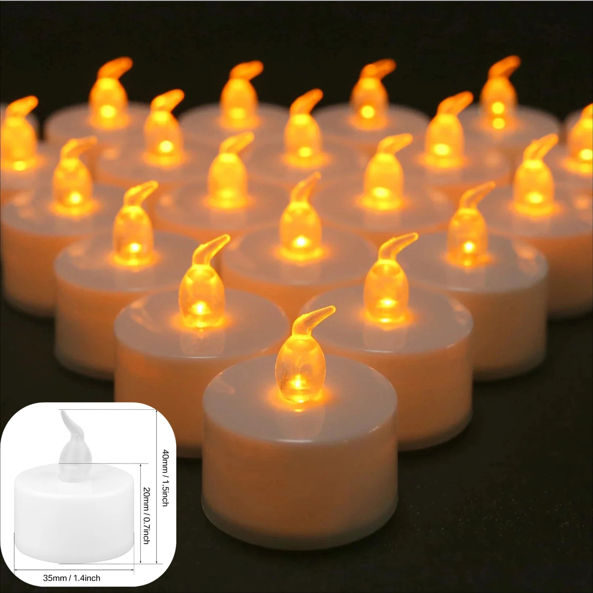 A row of glowing warm white LED tealight candles arranged on a dark surface.