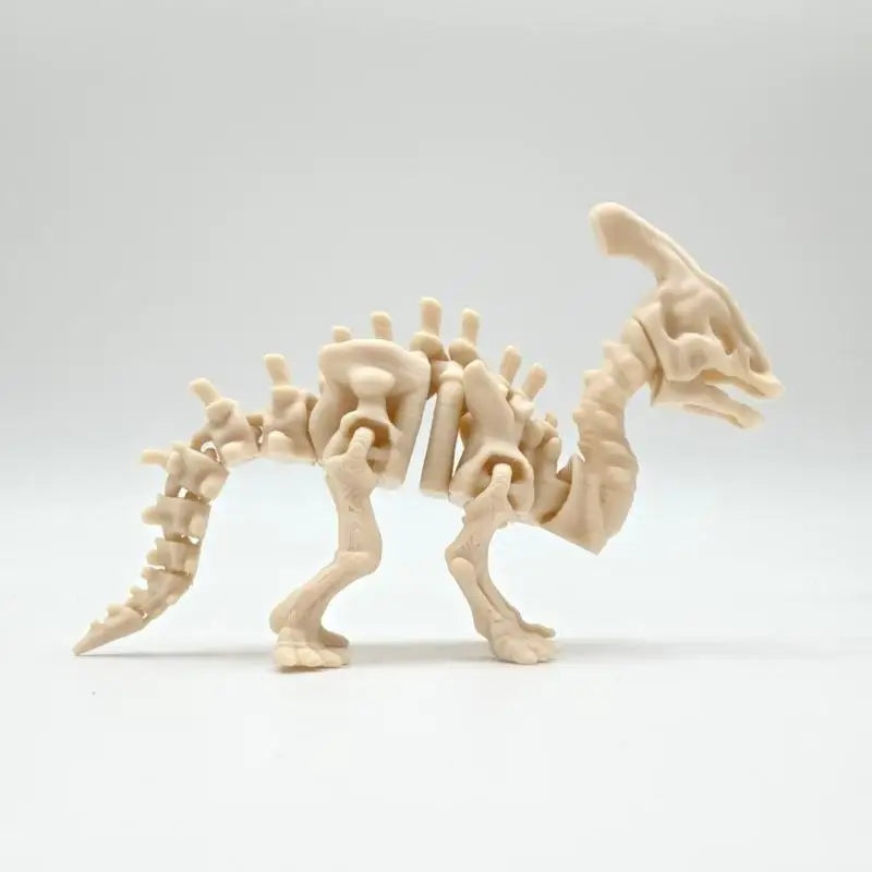 A light beige 3D printed dinosaur skeleton model displayed against a white background.