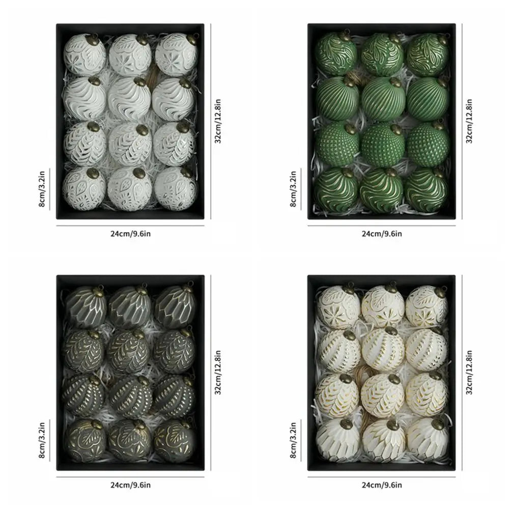 A set of twelve green, spherical retro shatterproof Christmas tree ball ornaments displayed in a black box.