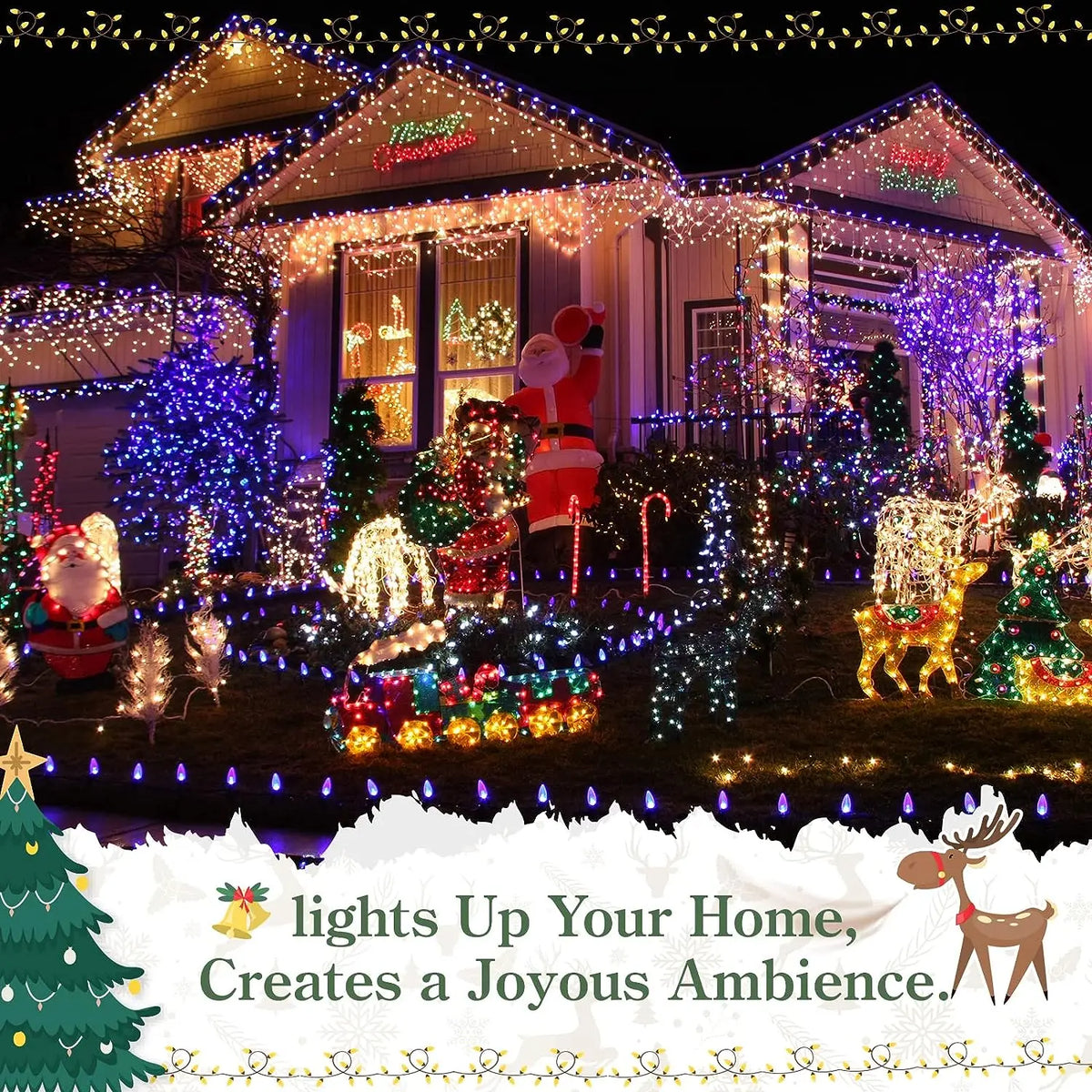 A festive house decorated with numerous warm white and colored string lights, creating a joyful ambiance.