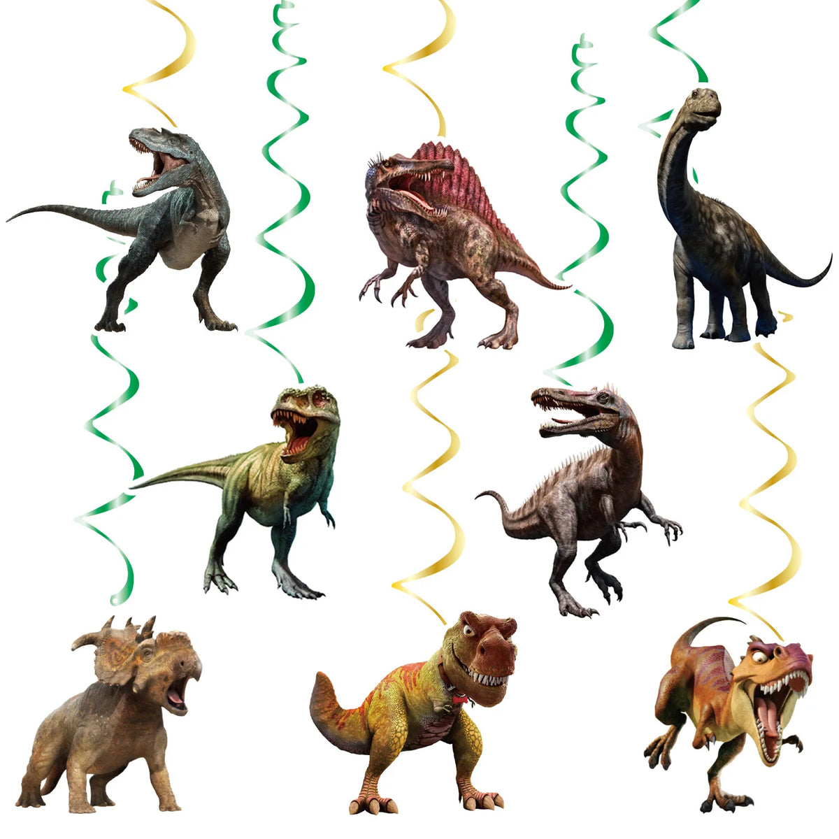 A collection of various dinosaur figures, including a large T-Rex, a Velociraptor, and other prehistoric creatures.