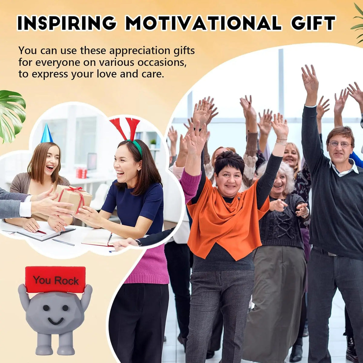 A figurine of a smiling face with the text You Rock, used as an inspirational gift.