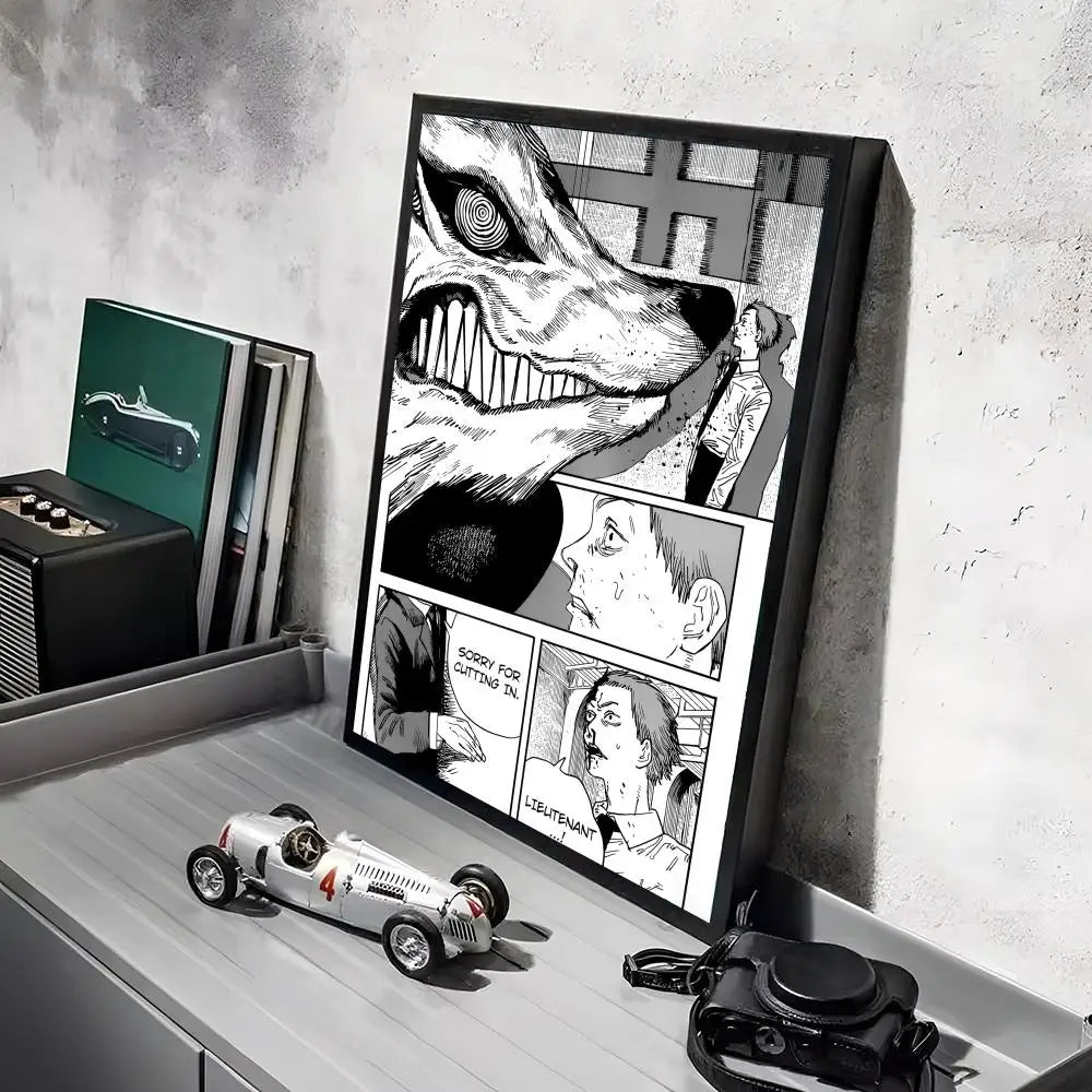 A framed print featuring a stylized, menacing chainsaw-like face in black and white tones.