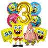 A set of nine foil balloons featuring characters from SpongeBob SquarePants including a large number three and various charac