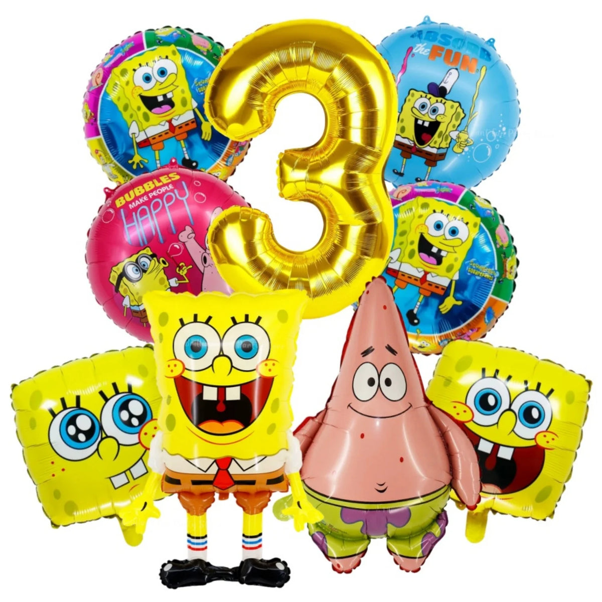 A set of nine foil balloons featuring characters from SpongeBob SquarePants including a large number three and various charac