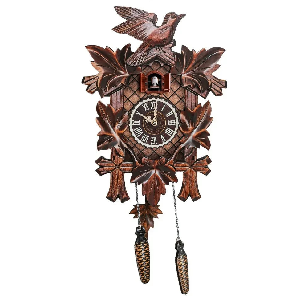 A vintage wooden cuckoo clock featuring a bird carving and an hourly chime mechanism.