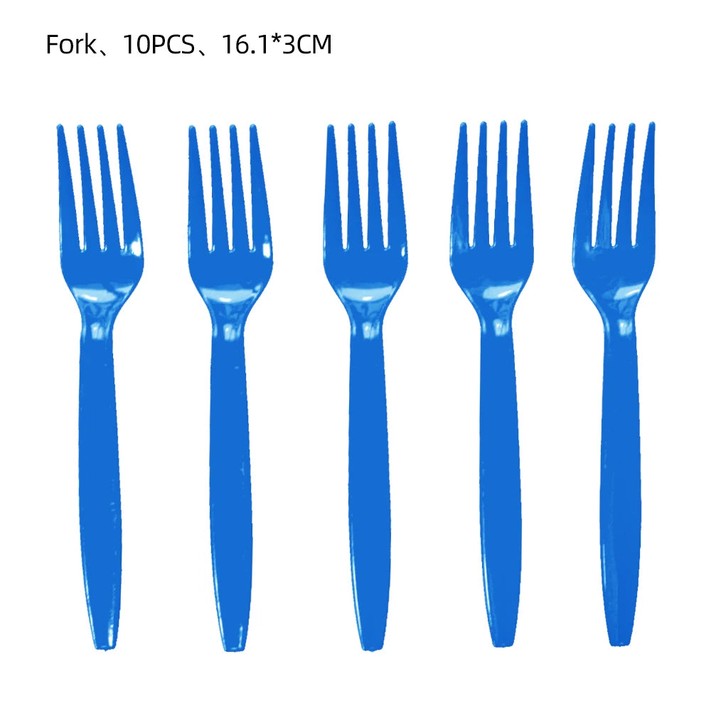 A set of 10 forks in blue for a birthday party decoration.