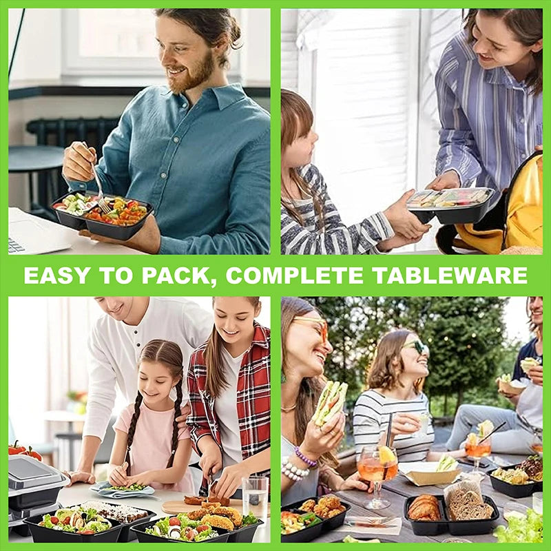 A family preparing and using two-compartment meal prep lunch boxes for complete tableware.