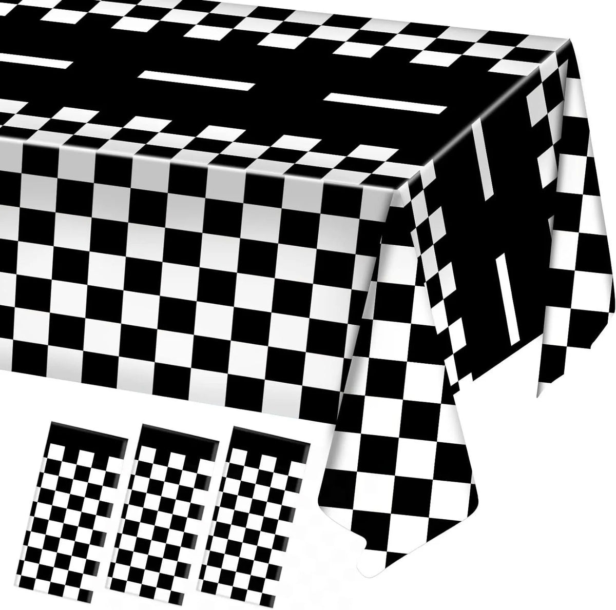 A black and white checkered tablecloth is draped on a table, with several folded checkered napkins visible.