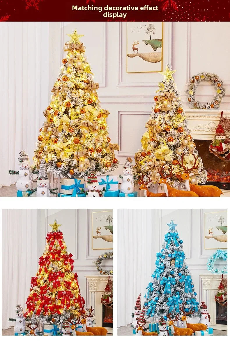 A display of flocked artificial Christmas trees in gold, red, and blue with decorative ornaments and snowy branches.