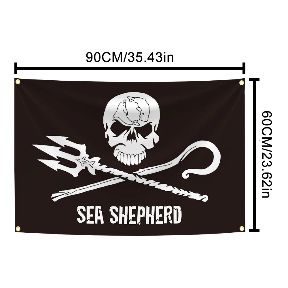 Black tapestry featuring a skull and crossbones with a sea shepherd theme.