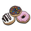A set of three colorful doughnut charms in brown, purple, and pink.