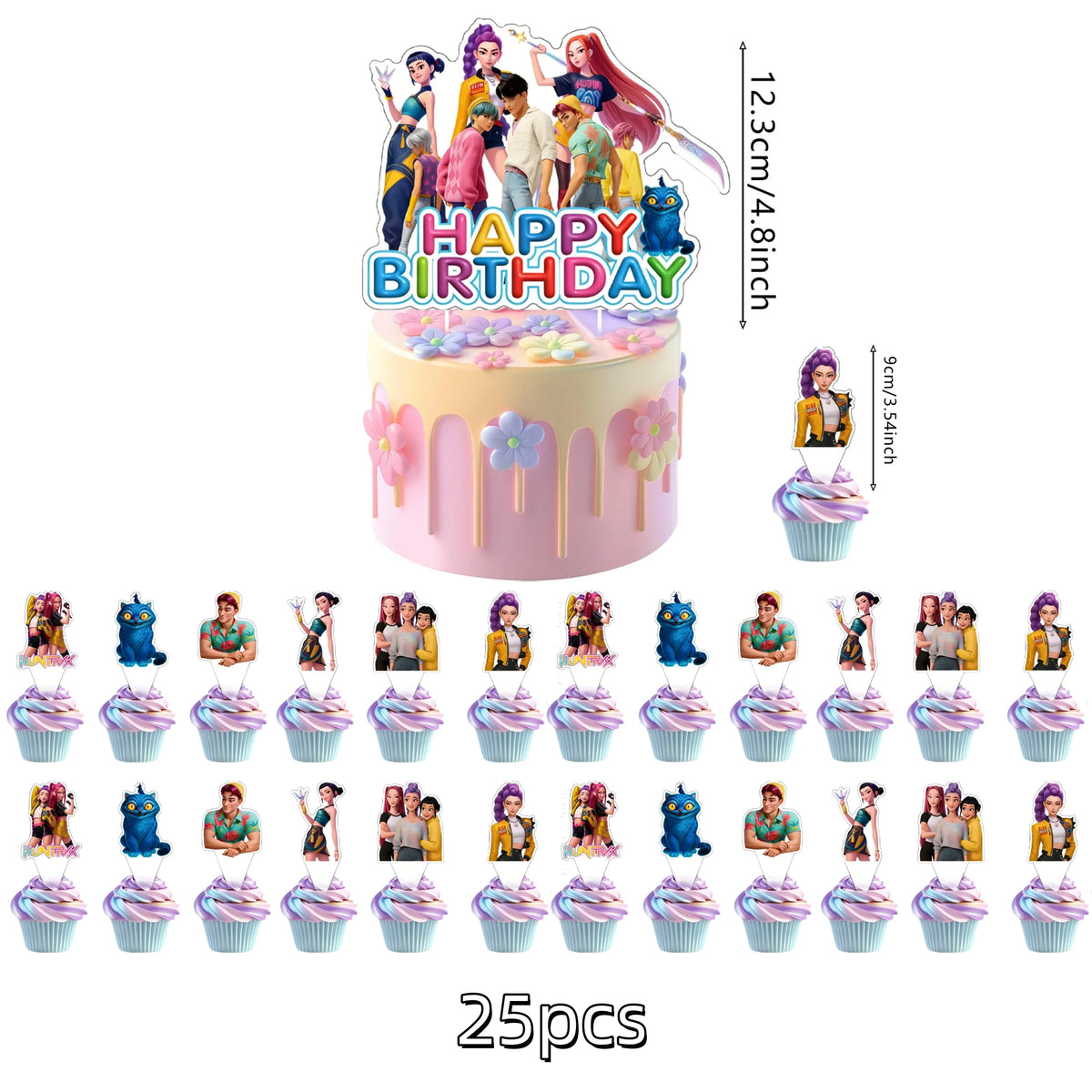 A set of 25 colorful anime character cake toppers featuring various female characters and animals.