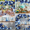 A blue and gold balloon arch kit featuring various balloons and confetti for a party decoration.