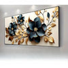 Modern golden and blue floral canvas art print featuring dark blue flowers and gold leaves on a white background