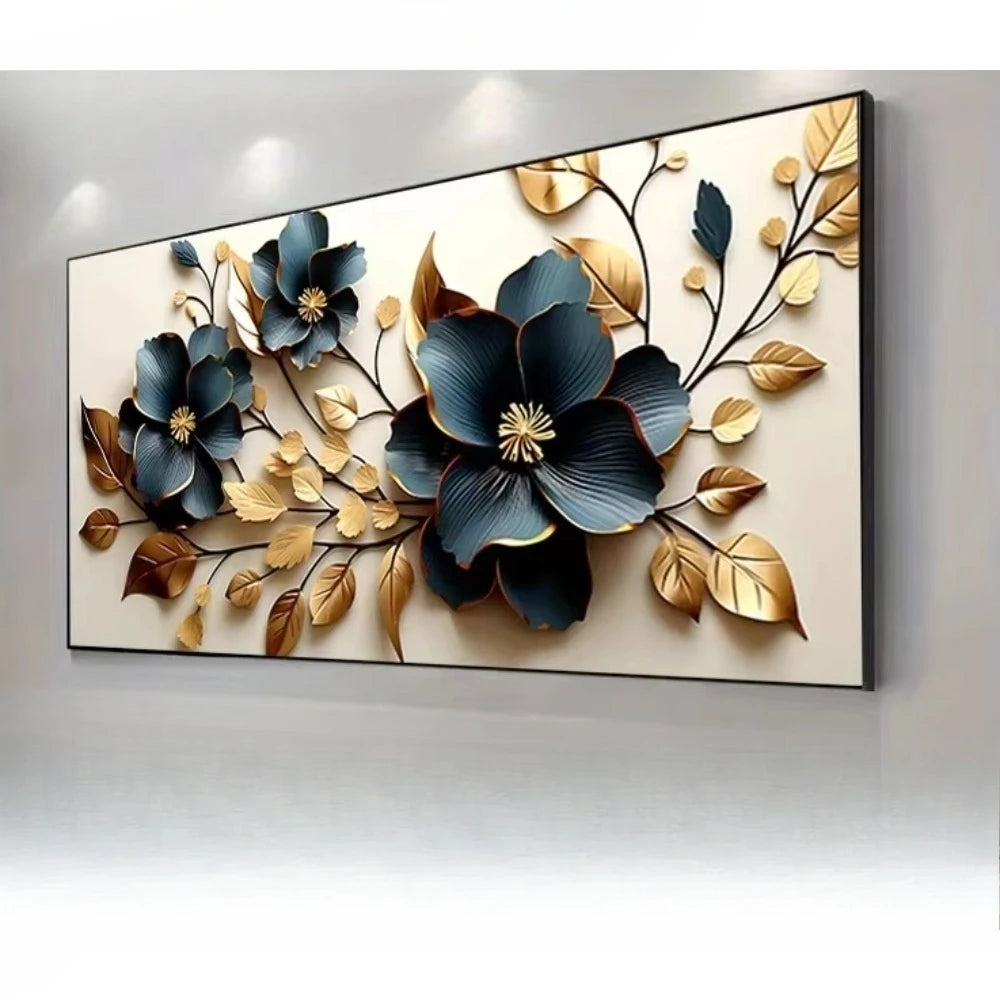Modern golden and blue floral canvas art print featuring dark blue flowers and gold leaves on a white background