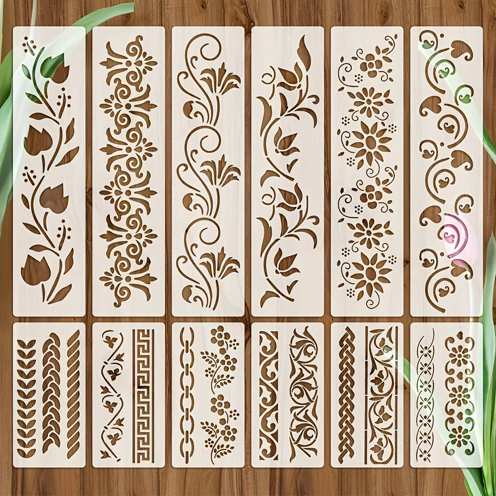 A set of reusable floral alphabet stencils cut from wood showing various decorative patterns for painting and decals.