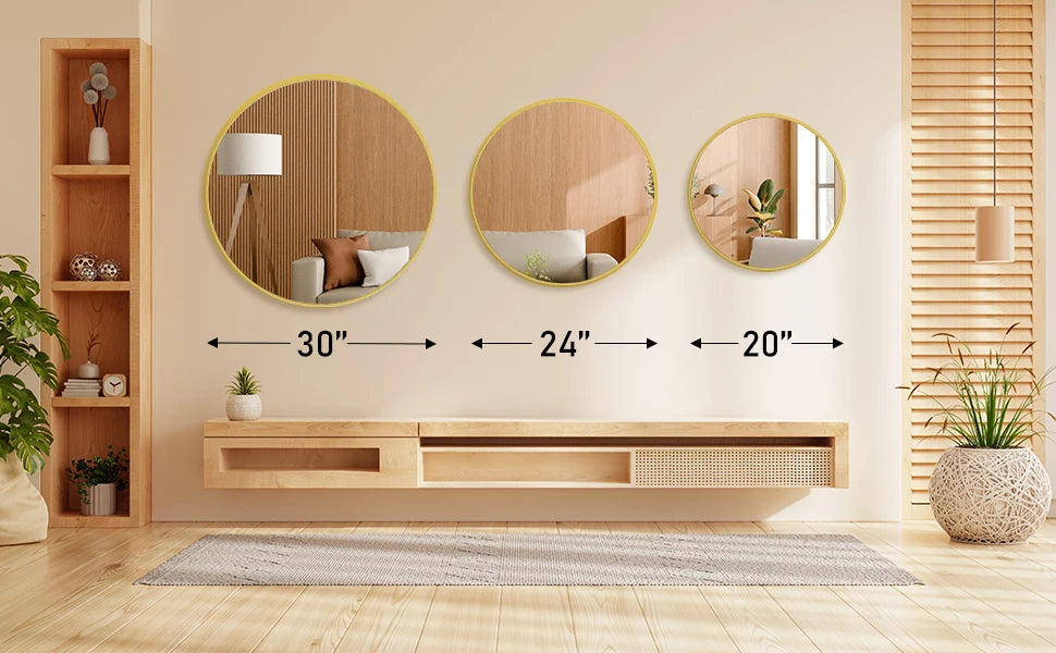 A wooden vanity setup featuring three round mirrors of decreasing size above a light wood shelf and a woven rug.
