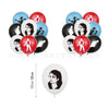 A collection of latex balloons featuring music-themed designs including silhouettes and faces in various colors like blue, re