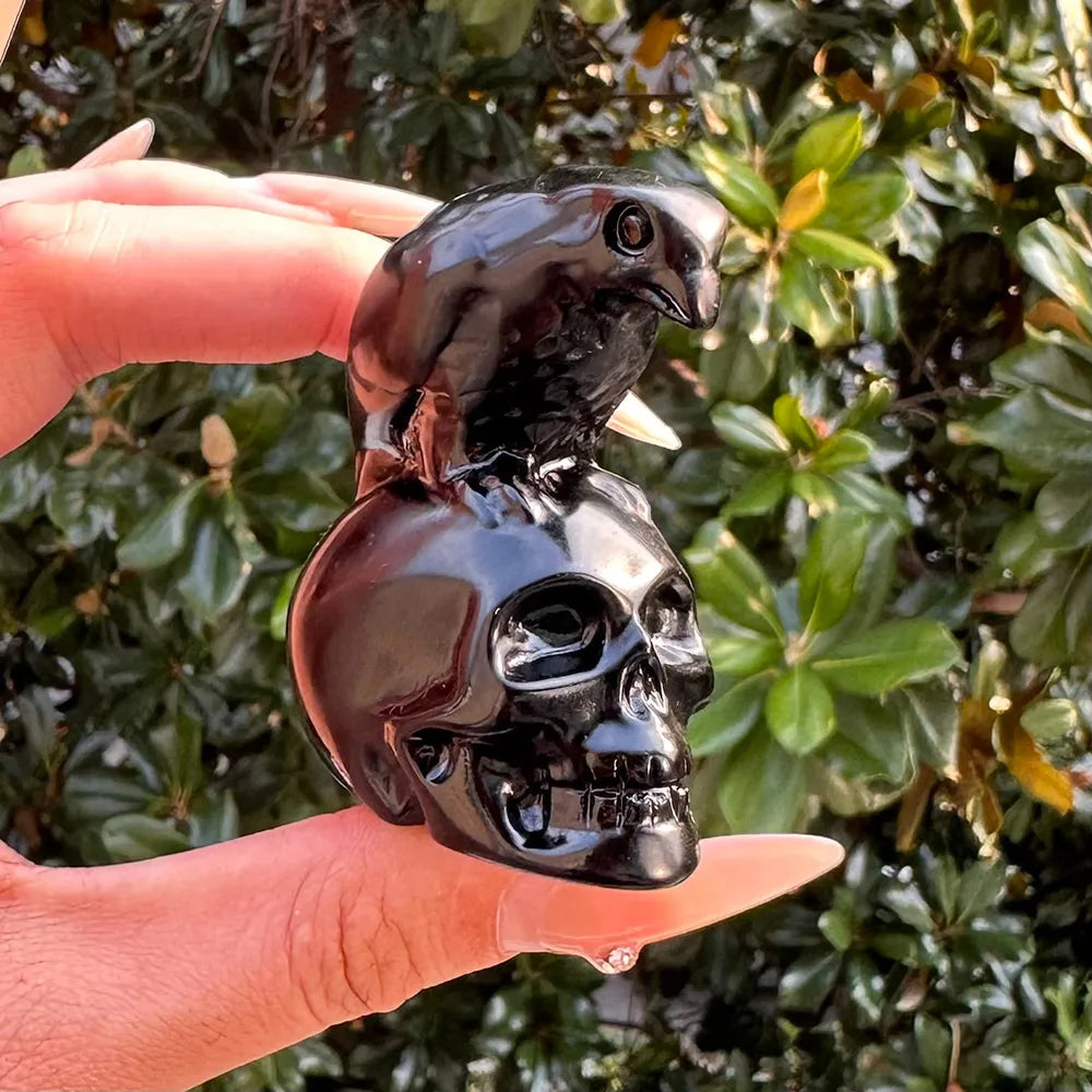 Une main tient un crâne de corbeau en obsidienne noire poli, décoré, sur un fond de feuillage vert flou.