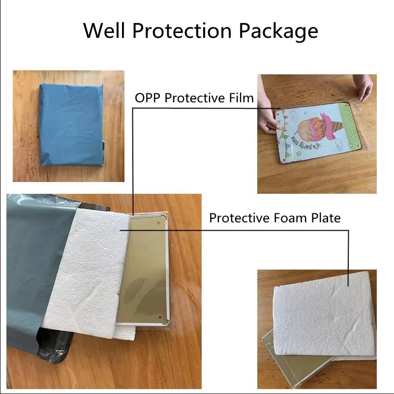Paquete de protección que muestra una película protectora OPP, una placa de espuma protectora y una placa metálica de banda d