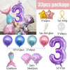 A 33 piece balloon set featuring a large purple number three, various iridescent and metallic balloons, and mermaid shell dec
